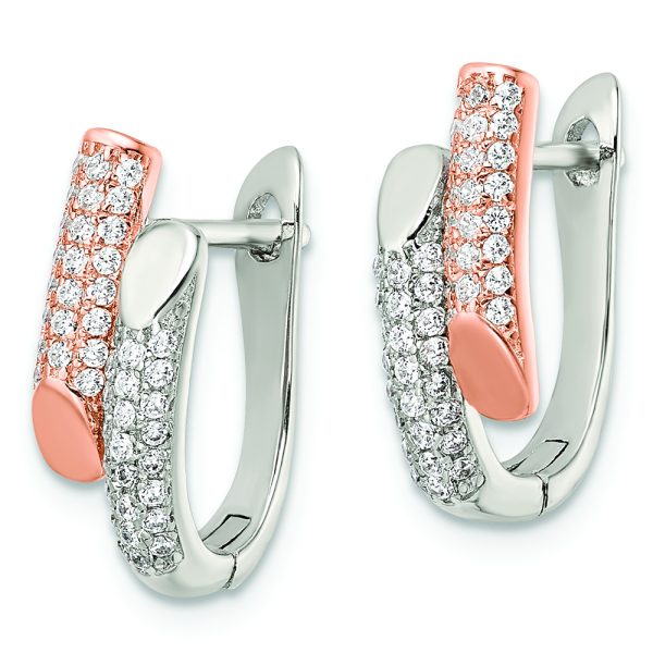 Sterling Silver Rose-tone Polished Pave CZ Hinged Hoop Earrings - Image 2