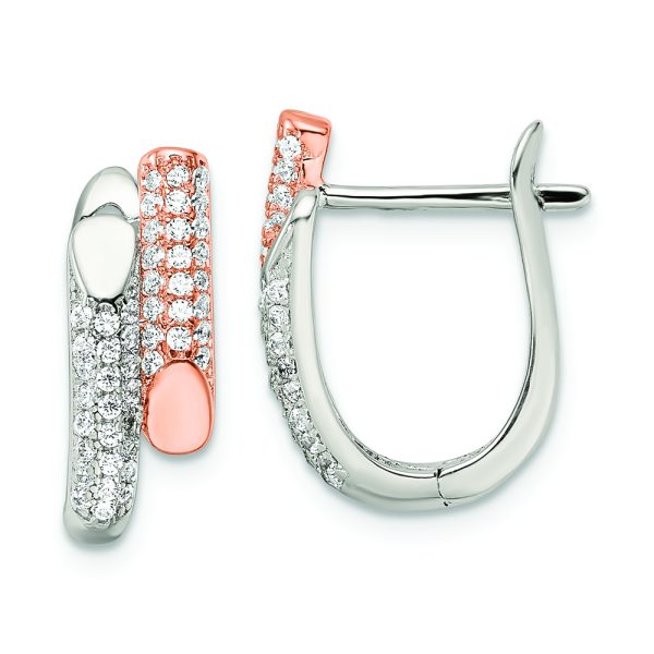 Sterling Silver Rose-tone Polished Pave CZ Hinged Hoop Earrings