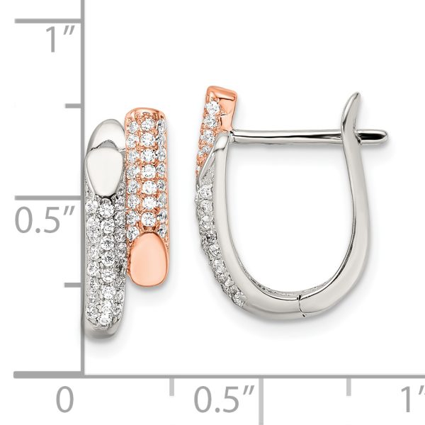 Sterling Silver Rose-tone Polished Pave CZ Hinged Hoop Earrings - Image 3