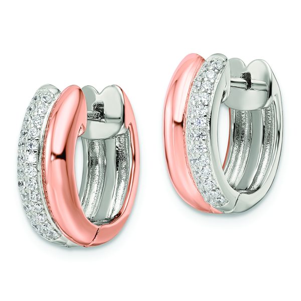 Sterling Silver Rose-tone Polished Pave CZ Hinged Hoop Earrings - Image 2