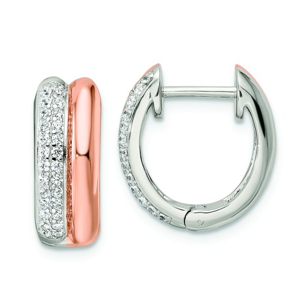 Sterling Silver Rose-tone Polished Pave CZ Hinged Hoop Earrings