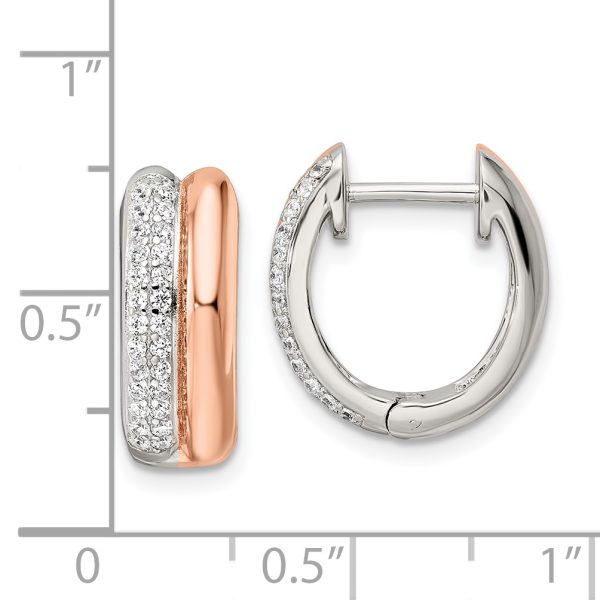 Sterling Silver Rose-tone Polished Pave CZ Hinged Hoop Earrings - Image 3