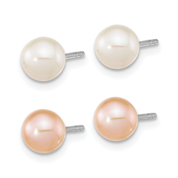 Sterling Silver Rh-pl 6-7mm Set of 2 White/Pink Round FWC Pearl Earrings - Image 2