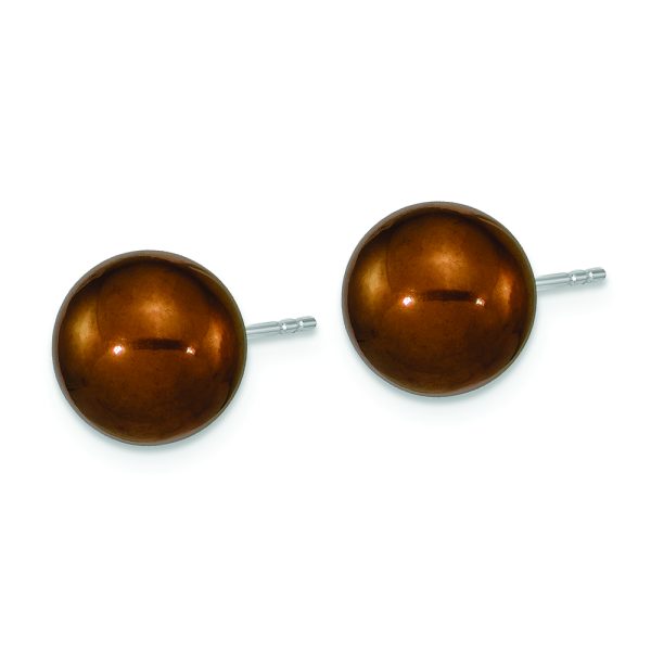 Sterling Silver Rhodium-plated 9-10mm Brown Round FWC Pearl Post Earrings - Image 2