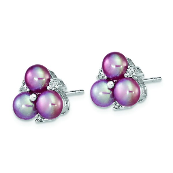 Sterling Silver Rhodium-pl CZ 5-6mm Purple Button FWC Pearl Earrings - Image 2