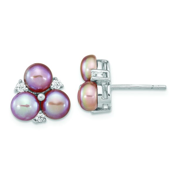 Sterling Silver Rhodium-pl CZ 5-6mm Purple Button FWC Pearl Earrings