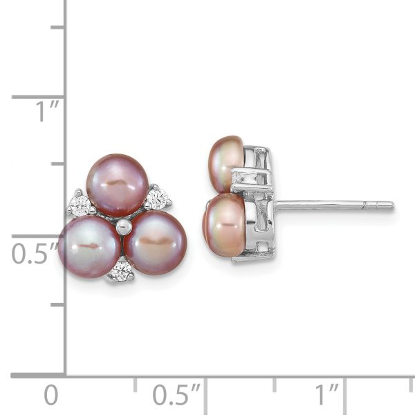 Sterling Silver Rhodium-pl CZ 5-6mm Purple Button FWC Pearl Earrings - Image 3