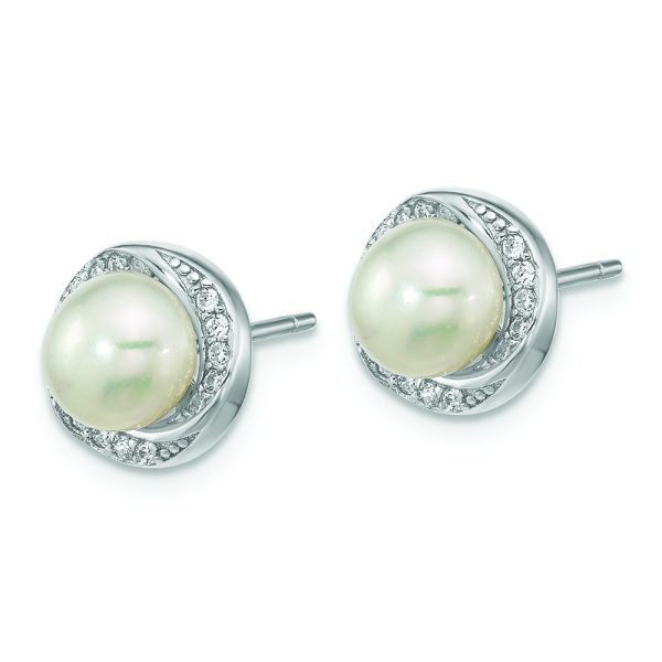 Sterling Silver Rho-plated CZ 6-7mm White Button FWC Pearl Post Earrings - Image 2