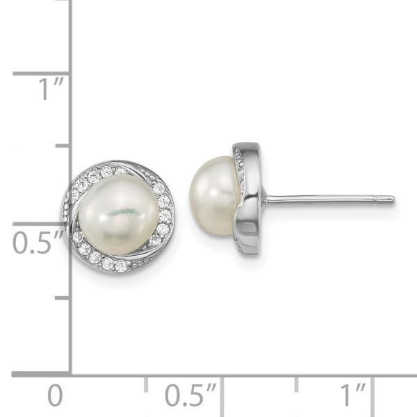 Sterling Silver Rho-plated CZ 6-7mm White Button FWC Pearl Post Earrings - Image 3