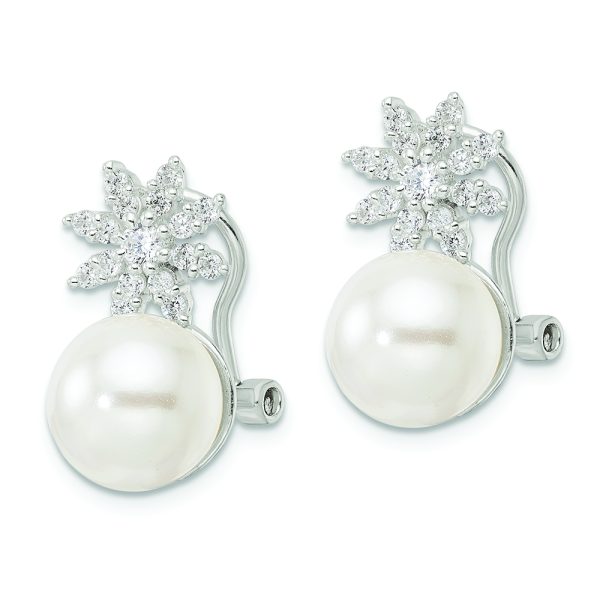 Sterling Silver Imitation Shell Pearl and CZ Floral Omega Back Earrings - Image 2