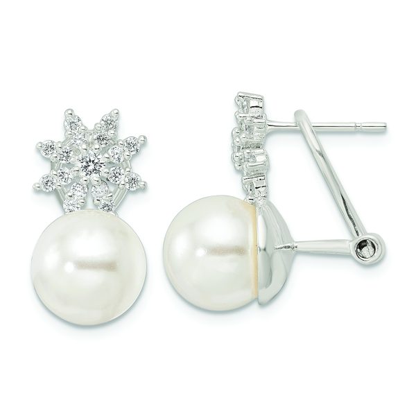 Sterling Silver Imitation Shell Pearl and CZ Floral Omega Back Earrings