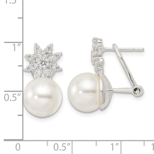 Sterling Silver Imitation Shell Pearl and CZ Floral Omega Back Earrings - Image 3