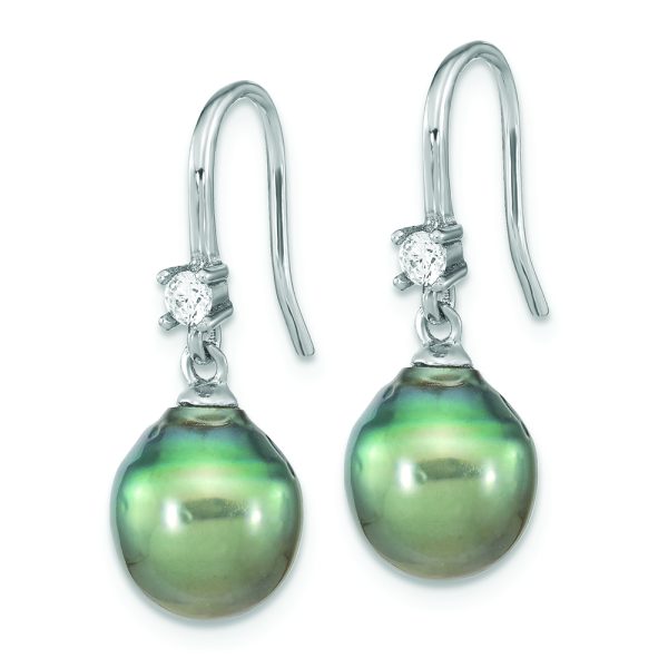 Sterling Silver RH-plated Tahitian Saltwater Pearl & CZ Dangle Earrings - Image 2