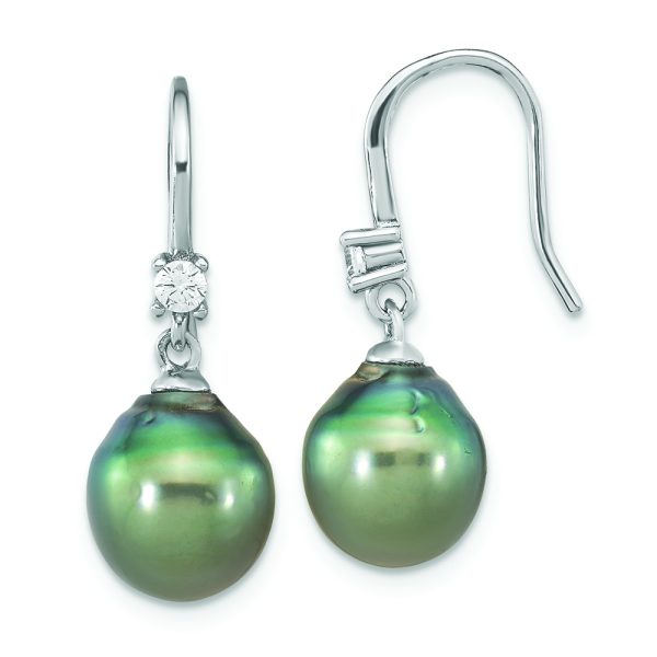 Sterling Silver RH-plated Tahitian Saltwater Pearl & CZ Dangle Earrings