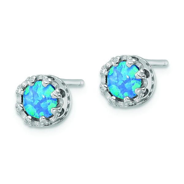 Sterling Silver Rhodium-plated Polished Blue Created Opal Post Earrings - Image 2