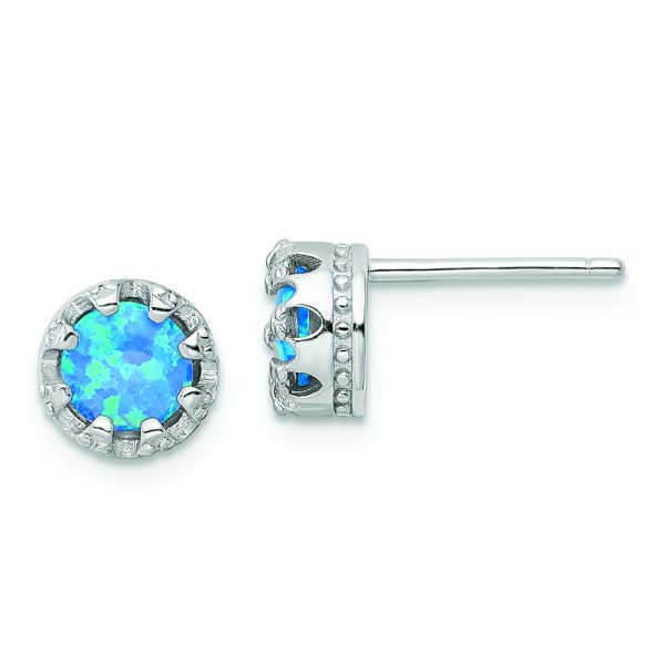 Sterling Silver Rhodium-plated Polished Blue Created Opal Post Earrings