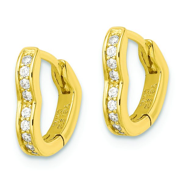 Sterling Silver Polished Gold-tone CZ Hinged Heart Shaped Hoop Earrings - Image 2