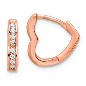 Sterling Silver Polished Rose-tone CZ Hinged Heart Shaped Hoop Earrings