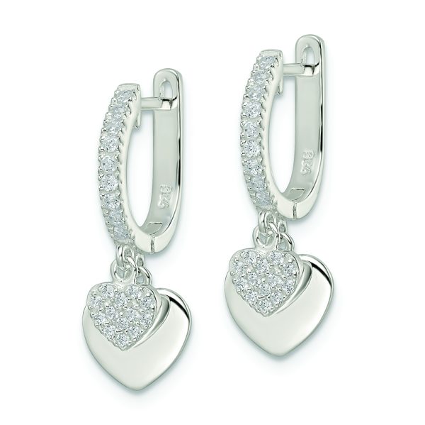 Sterling Silver Polished CZ Dangle Hearts Hinged Hoop Earrings - Image 2
