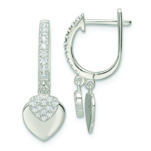 Sterling Silver Polished CZ Dangle Hearts Hinged Hoop Earrings