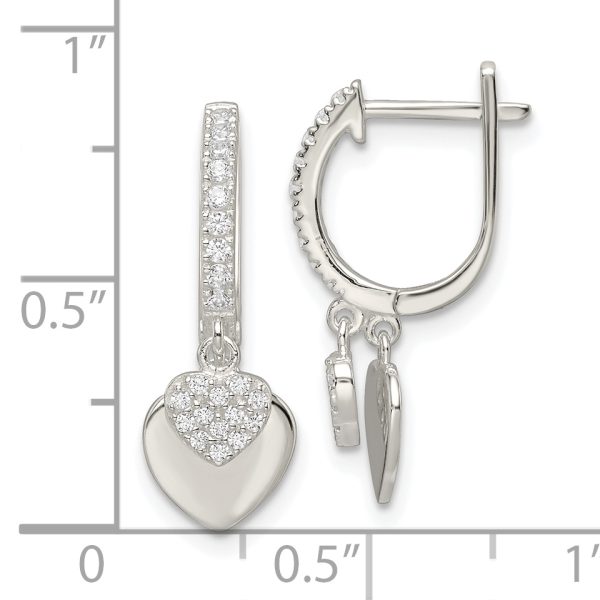 Sterling Silver Polished CZ Dangle Hearts Hinged Hoop Earrings - Image 3