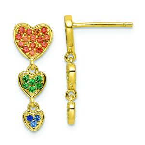 Sterling Silver Gold Tone Multicolor CZ Hearts Post Dangle Earrings