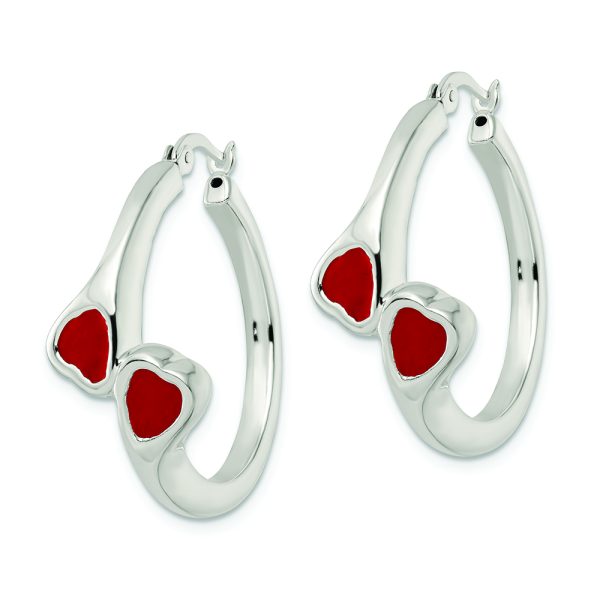 Sterling Silver Polished Red Enamel Hearts Circle Hoop Earrings - Image 2