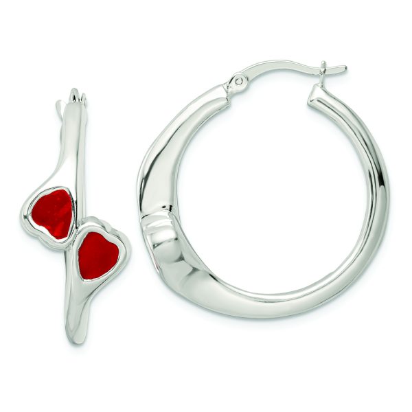 Sterling Silver Polished Red Enamel Hearts Circle Hoop Earrings