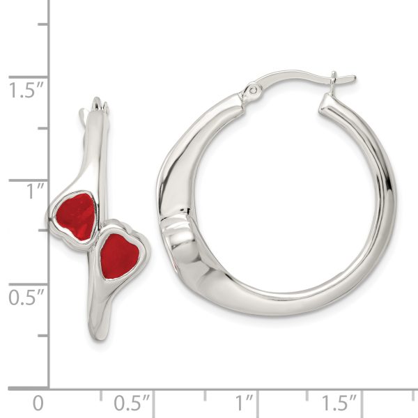 Sterling Silver Polished Red Enamel Hearts Circle Hoop Earrings - Image 3
