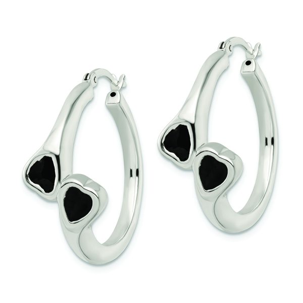 Sterling Silver Polished Black Enameled ByPass Circle Hoop Earrings - Image 2