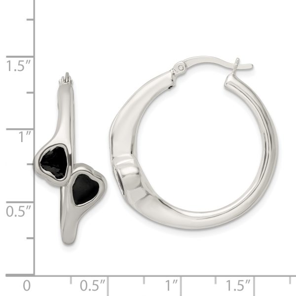 Sterling Silver Polished Black Enameled ByPass Circle Hoop Earrings - Image 3