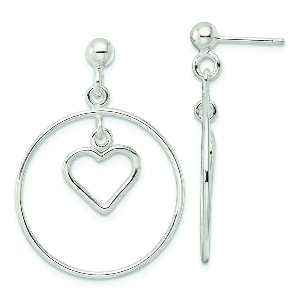 Sterling Silver Polished Circle w/Dangle Heart Post Earrings