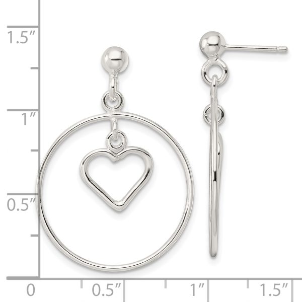 Sterling Silver Polished Circle w/Dangle Heart Post Earrings - Image 3