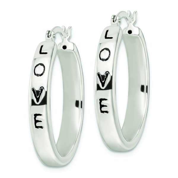 Sterling Silver Polished Black Enamel Love Circle Hoop Earrings - Image 2