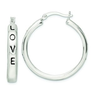 Sterling Silver Polished Black Enamel Love Circle Hoop Earrings