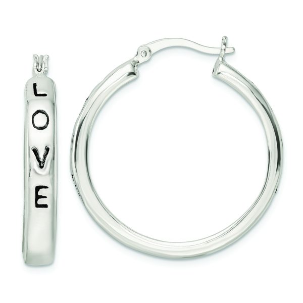 Sterling Silver Polished Black Enamel Love Circle Hoop Earrings