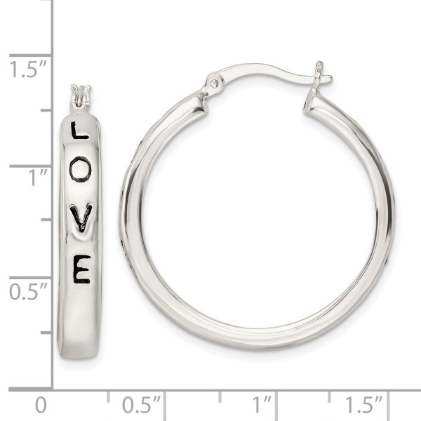 Sterling Silver Polished Black Enamel Love Circle Hoop Earrings - Image 3