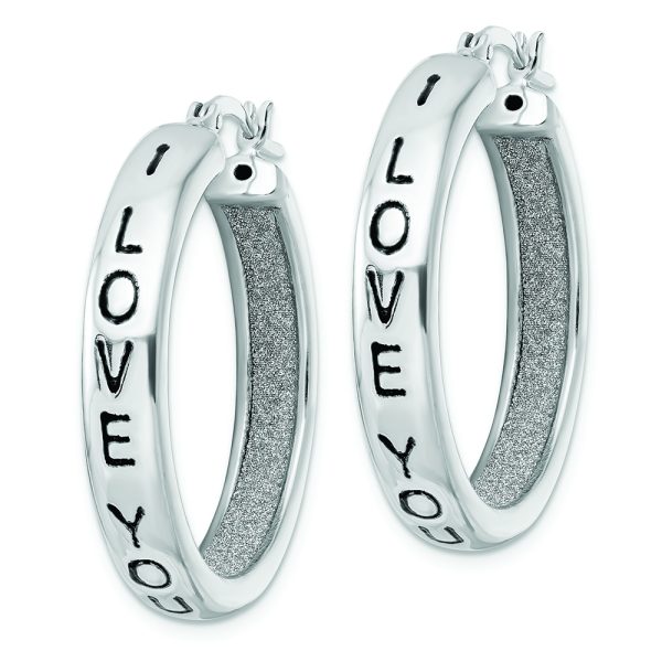 Sterling Silver Rhodium-plated Fabric Glitter I Love You Hoop Earrings - Image 2