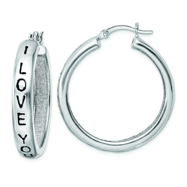 Sterling Silver Rhodium-plated Fabric Glitter I Love You Hoop Earrings