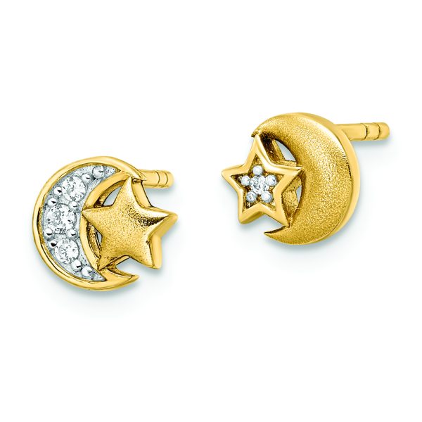Sterling Silver Gold-tone CZ Star and Moon Post Earrings - Image 2