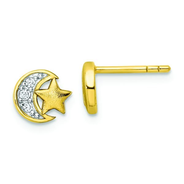 Sterling Silver Gold-tone CZ Star and Moon Post Earrings