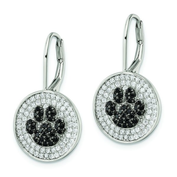 Sterling Silver Rhodium-plated Polished CZ Paw Print Leverback Earrings - Image 2