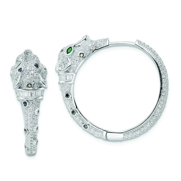 Sterling Silver Rhodium-plated Polished CZ Cheetah Hinged Hoop Earrings