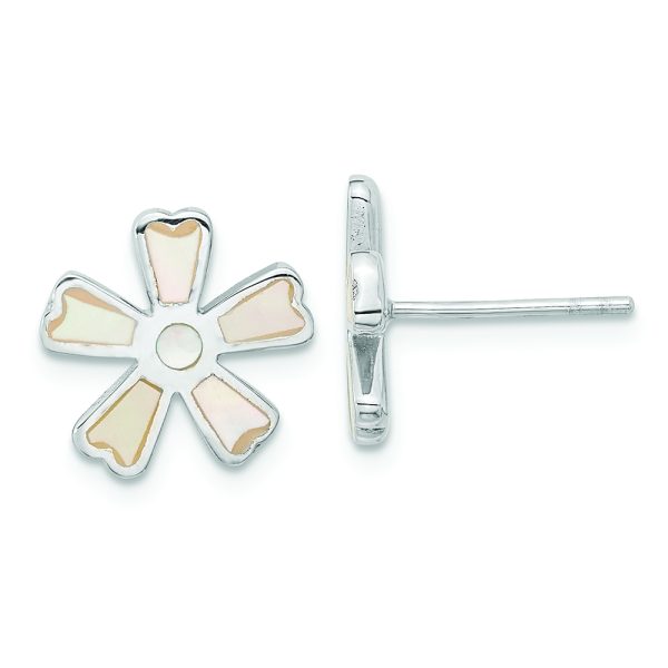 Sterling Silver Rhodium-Plated Polished MOP Flower Post Earrings