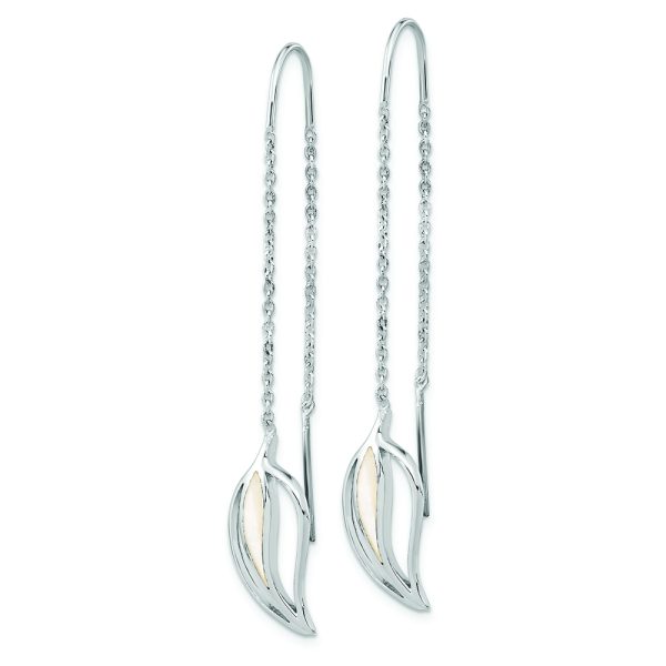 Sterling Silver Rhodium-plated Polished MOP Leaf Threaded Earrings - Image 2