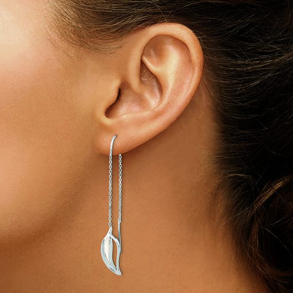 Sterling Silver Rhodium-plated Polished MOP Leaf Threaded Earrings - Image 3