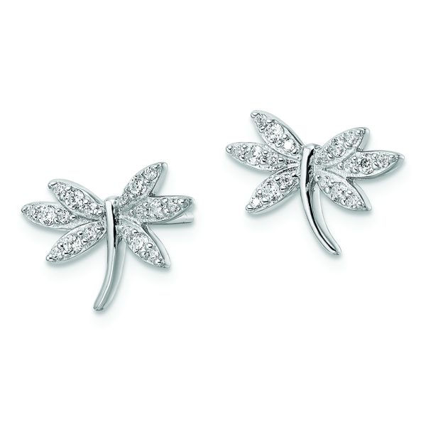 Sterling Silver Rhodium-plated CZ Dragonfly Post Earrings - Image 2