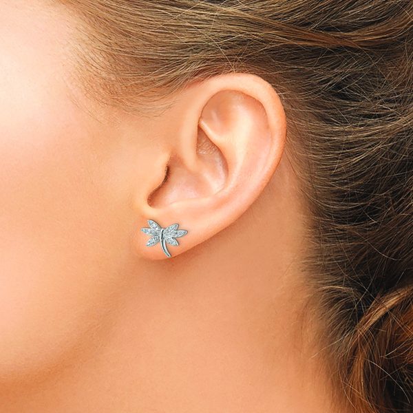 Sterling Silver Rhodium-plated CZ Dragonfly Post Earrings - Image 3