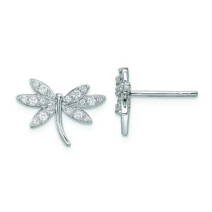 Sterling Silver Rhodium-plated CZ Dragonfly Post Earrings