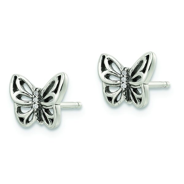 Sterling Silver Antiqued CZ Butterfly Post Earrings - Image 2